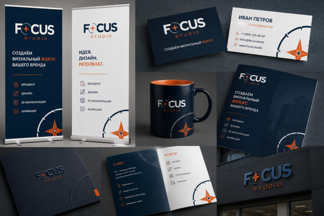 Фирменный стиль FOCUS STUDIO: визитки, баннеры, кружка и вывеска